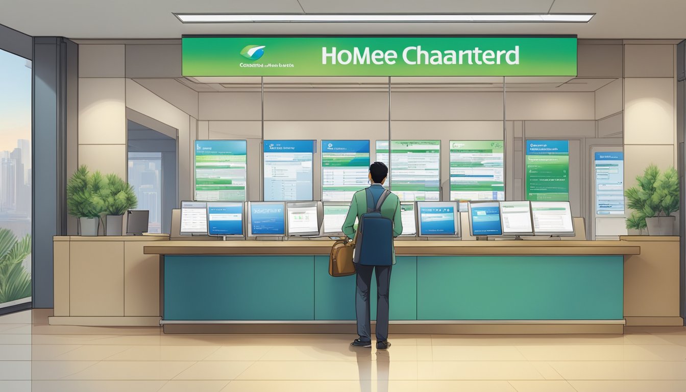 A person fills out a home loan application form at a Standard Chartered bank branch in Singapore. The interest rates are displayed on a poster behind the desk