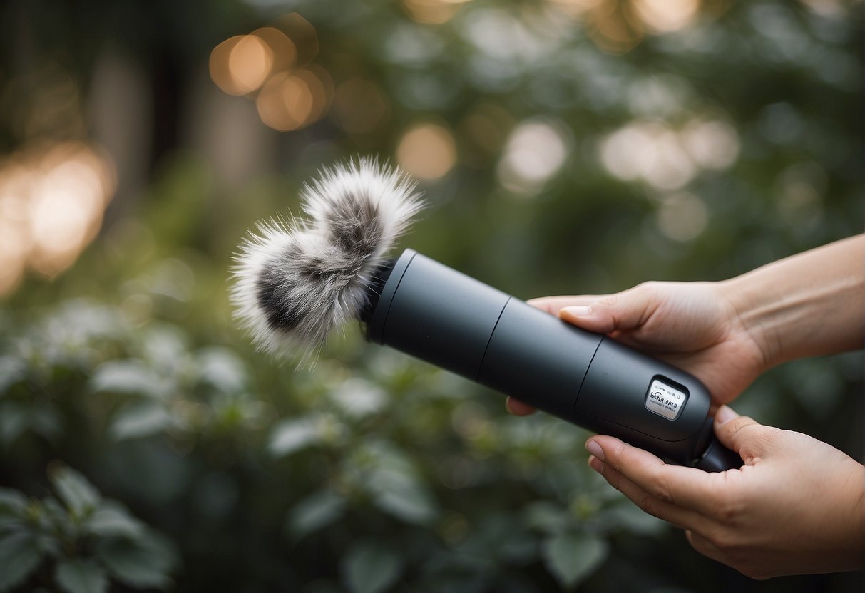 A hand holding a lint roller, removing cat hair from clothing