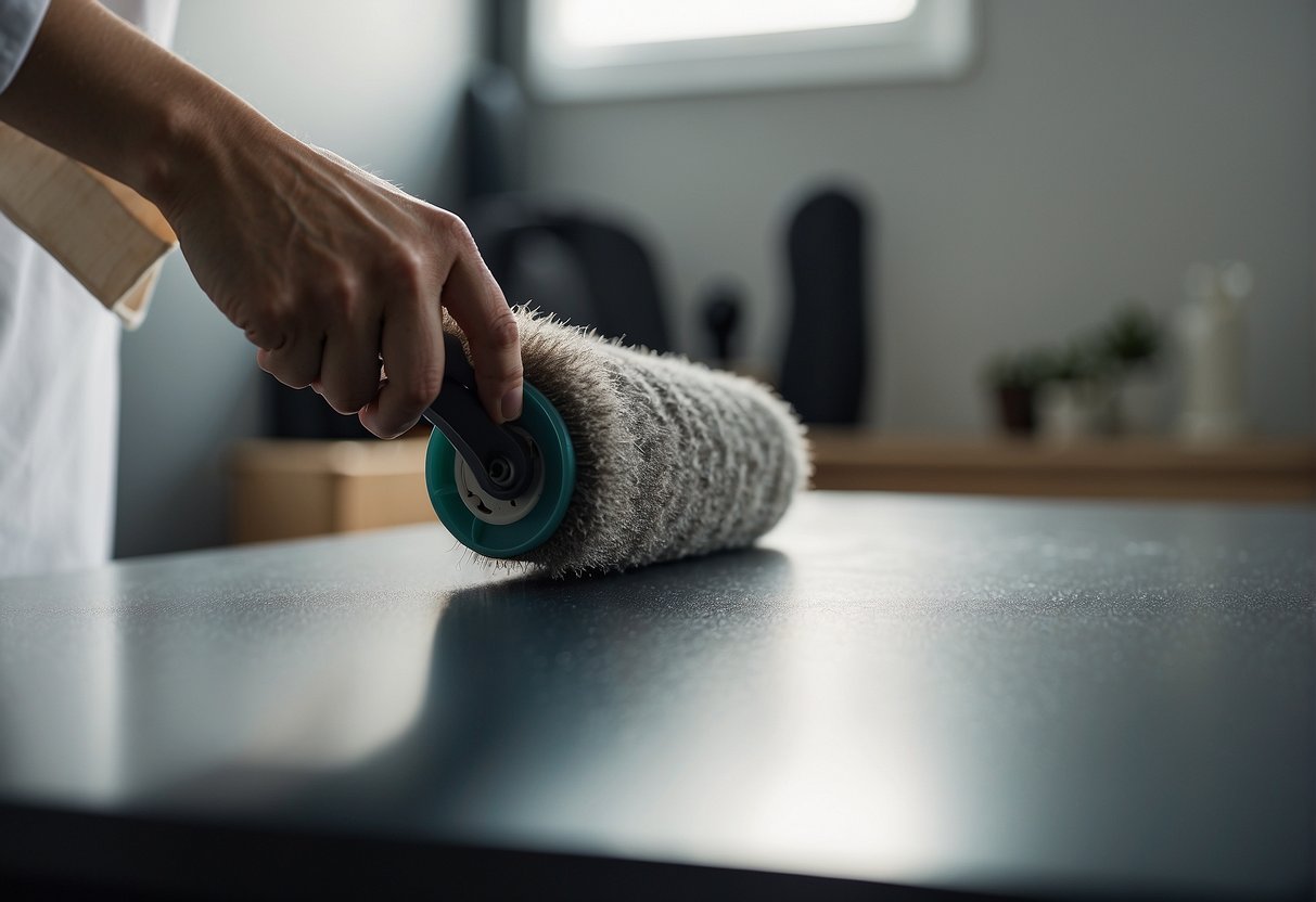 A piece of clothing covered in cat hair being cleaned with a lint roller