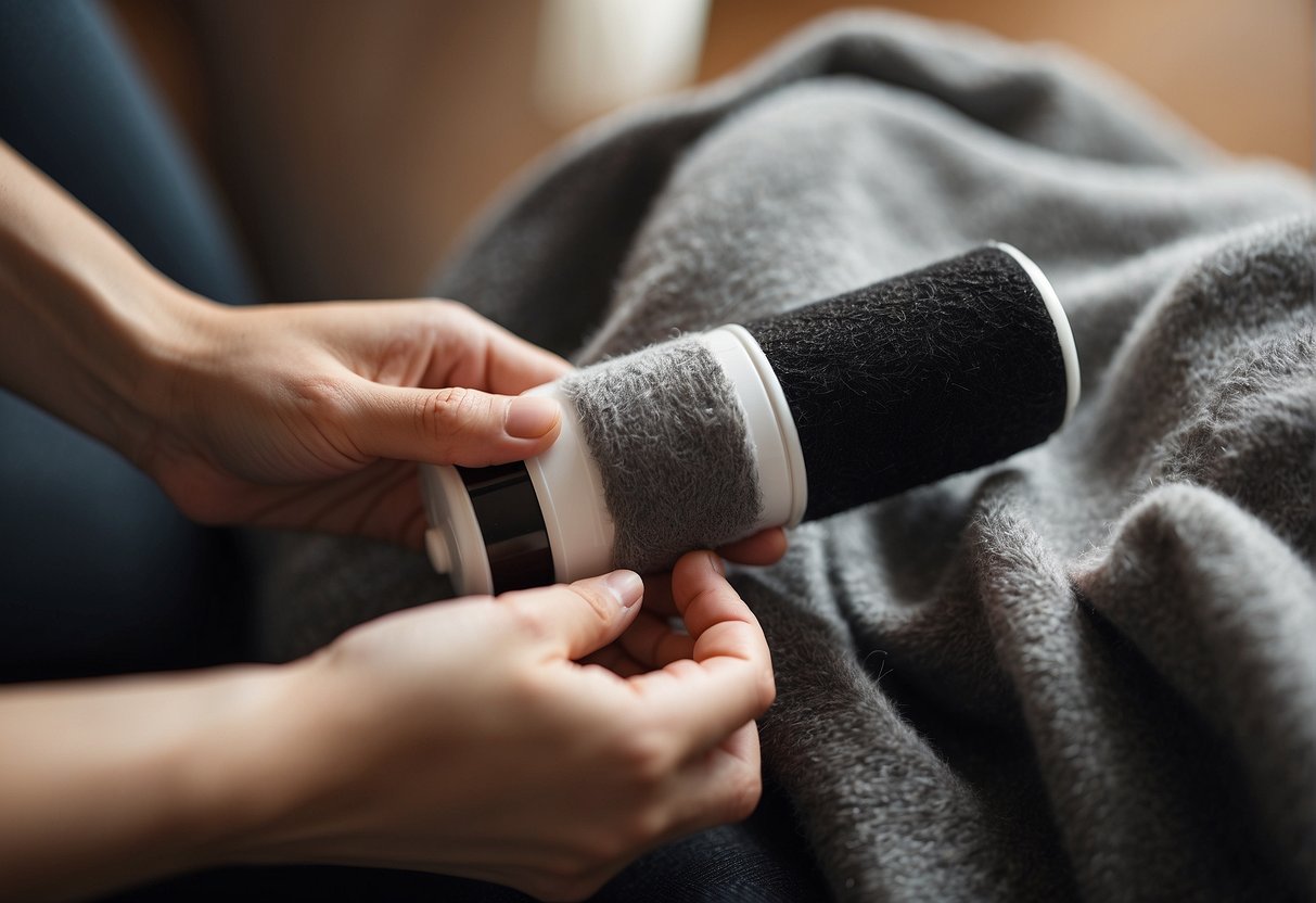 A hand holding a lint roller, rolling over a piece of clothing covered in cat hair