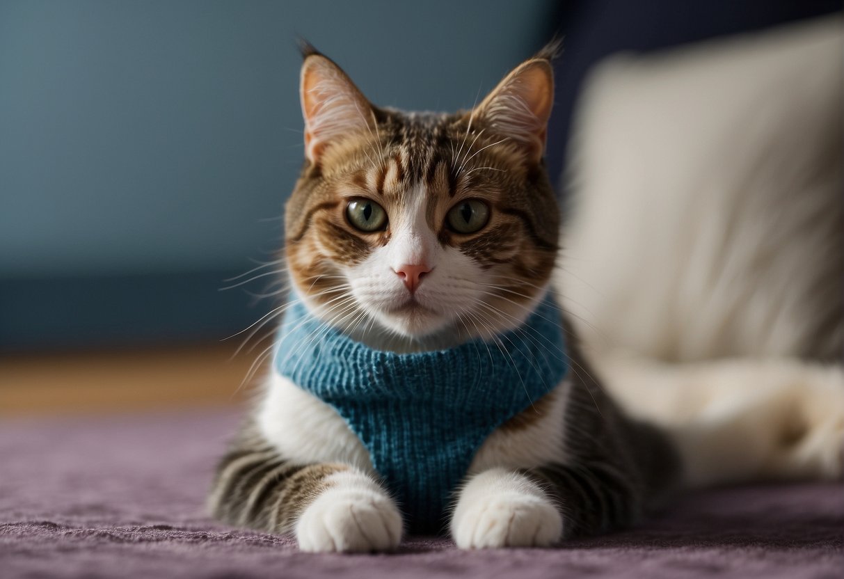 A lint roller removes cat hair from a sweater. A brush sweeps cat hair off a pair of pants