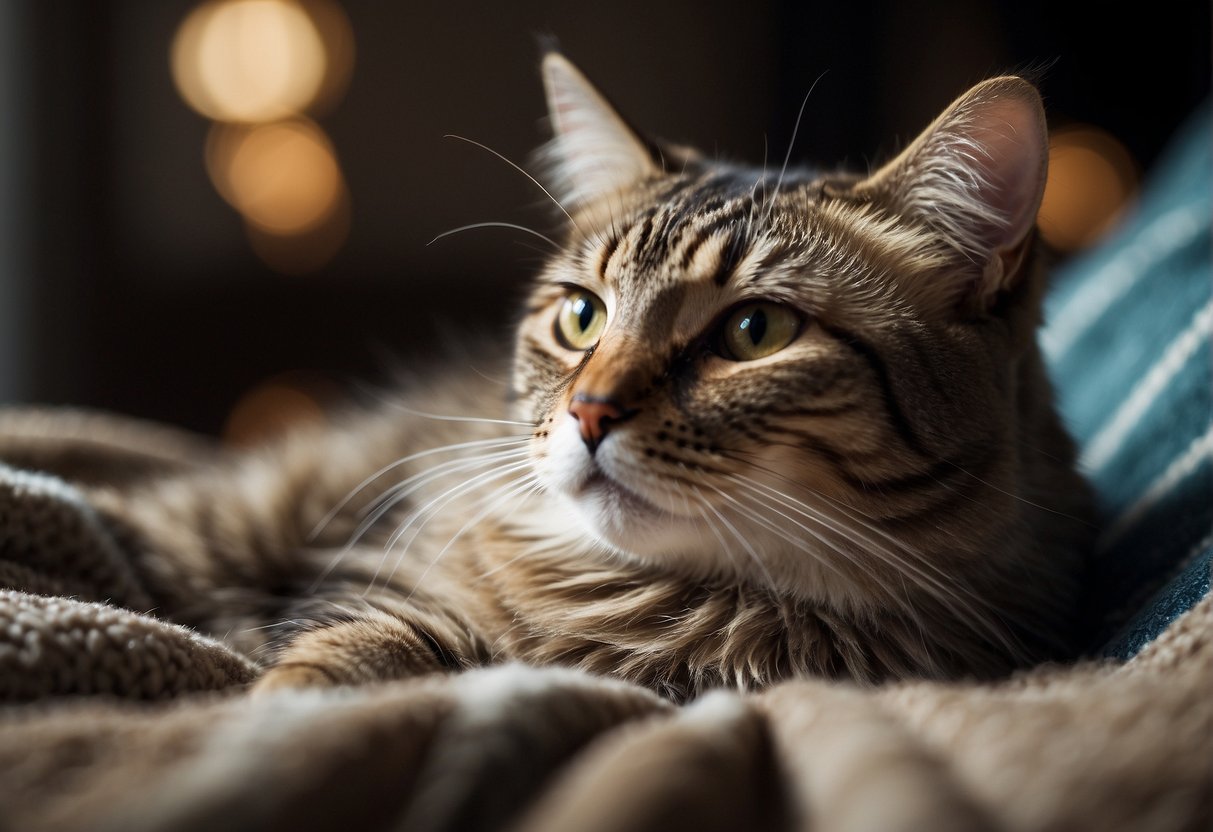 A cat lounges on a cozy blanket, shedding hair. Hair clings to the fabric, creating a mess