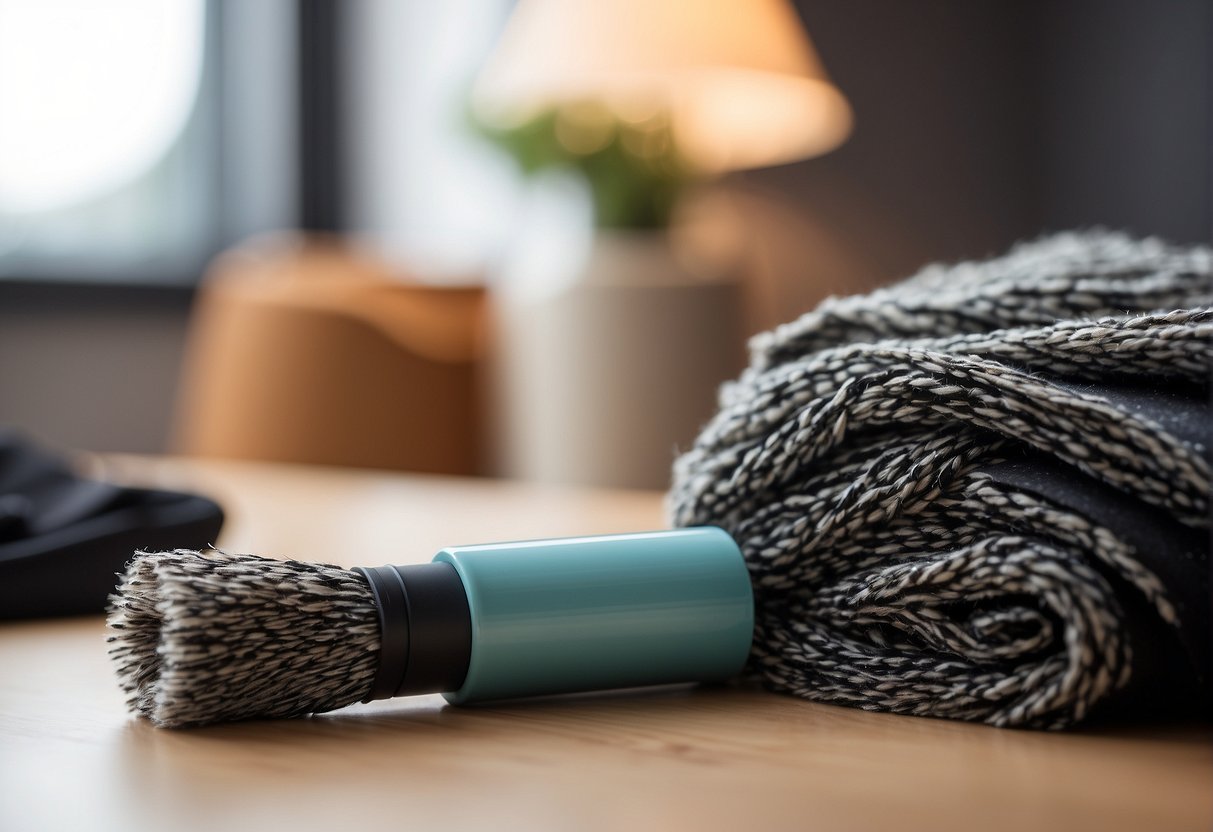 A pile of clothing covered in cat hair, with a lint roller nearby