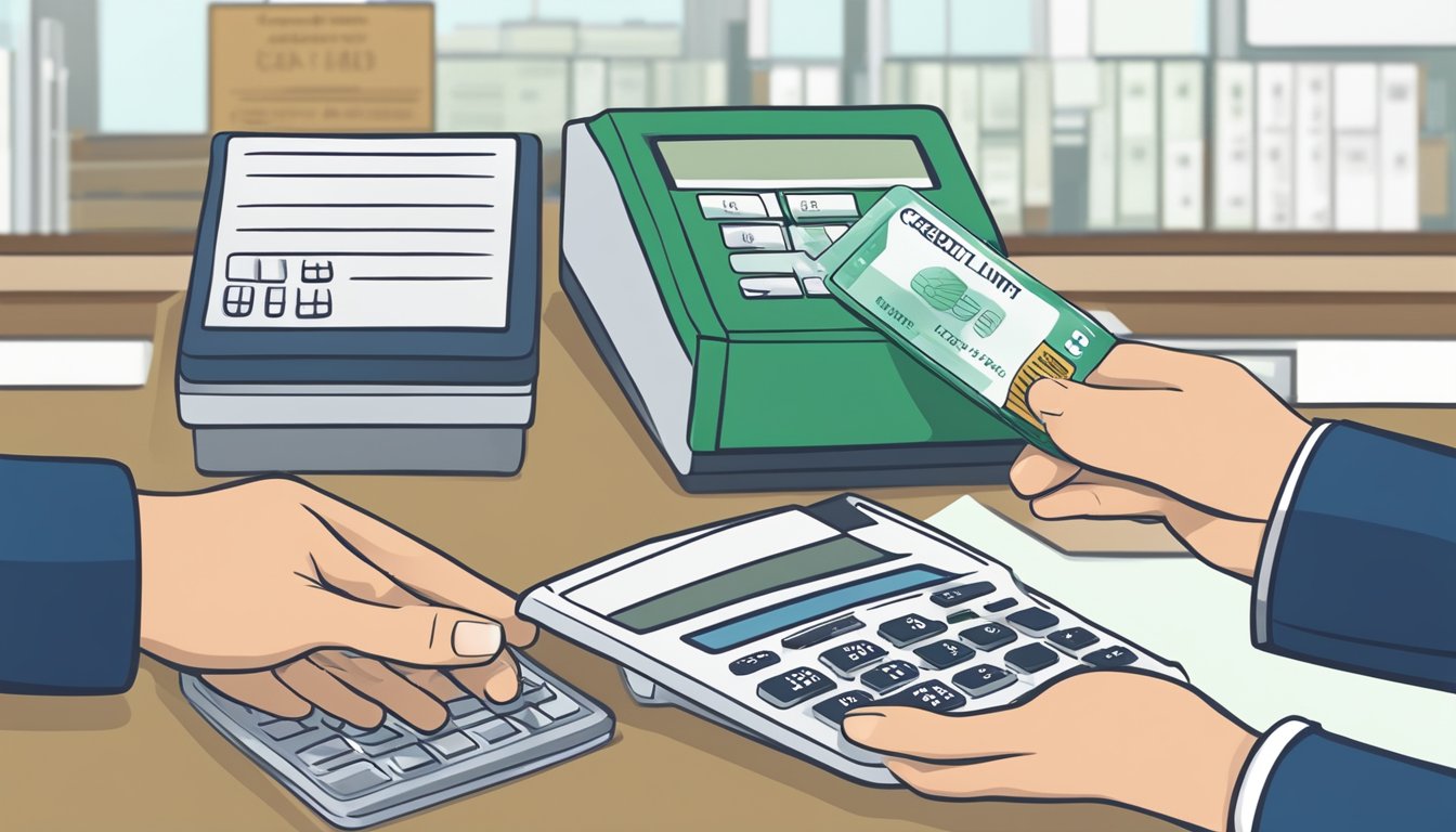 A credit card being handed over to a bank teller, with a "Credit Limit Increase" form on the counter