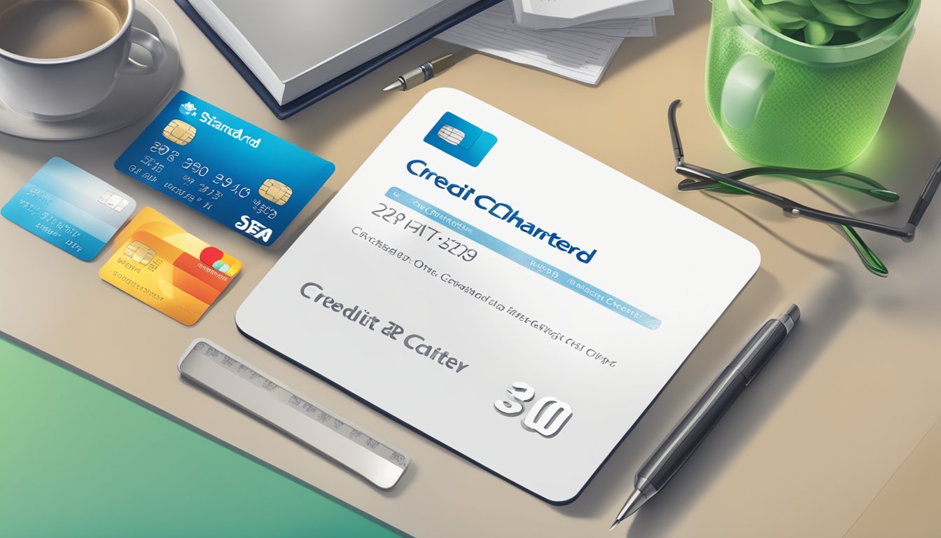 A credit card with the Standard Chartered logo sits on a table, next to a document showing an increased credit limit offer