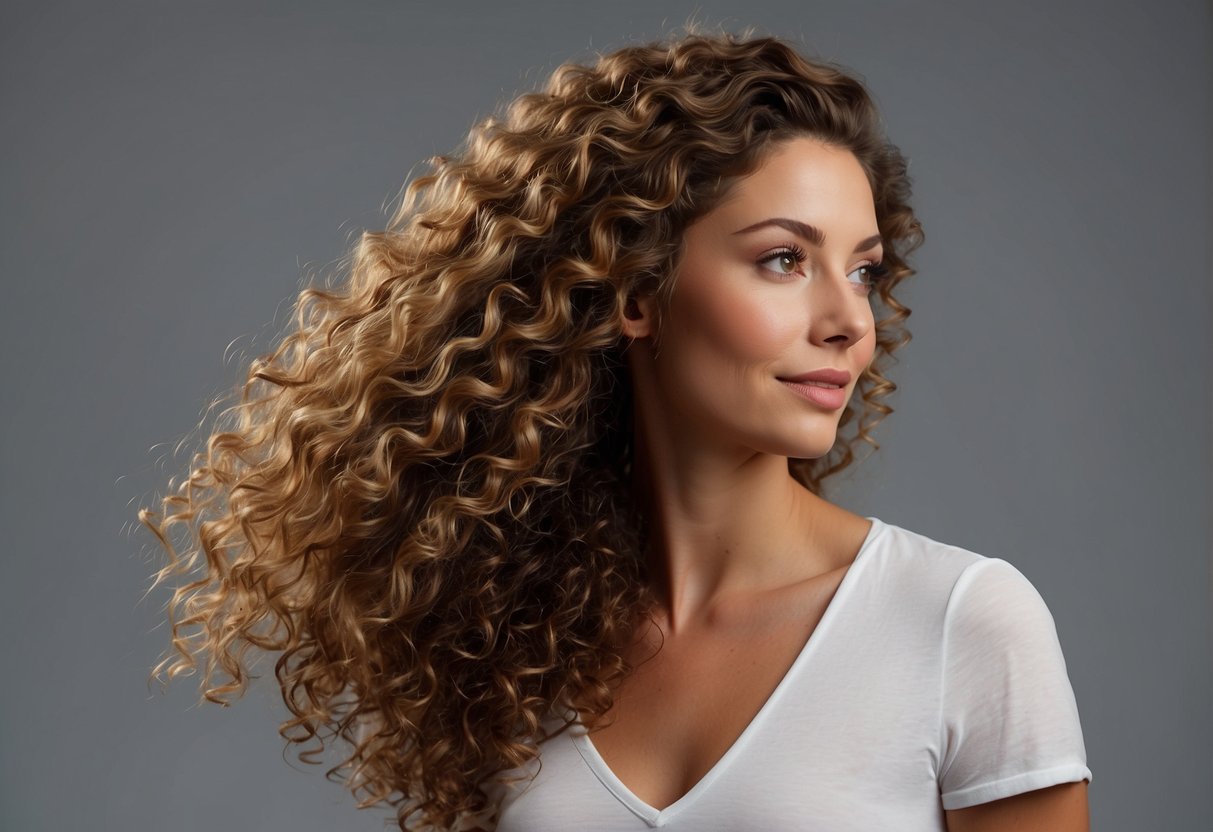 A woman's hair is naturally curly, with defined ringlets cascading down her shoulders, creating a voluminous and textured look