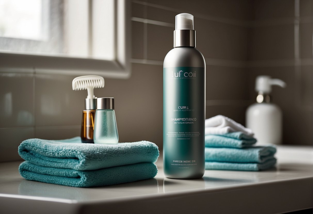 A bottle of curl-enhancing shampoo and conditioner sits on a bathroom shelf, next to a wide-toothed comb and a microfiber towel