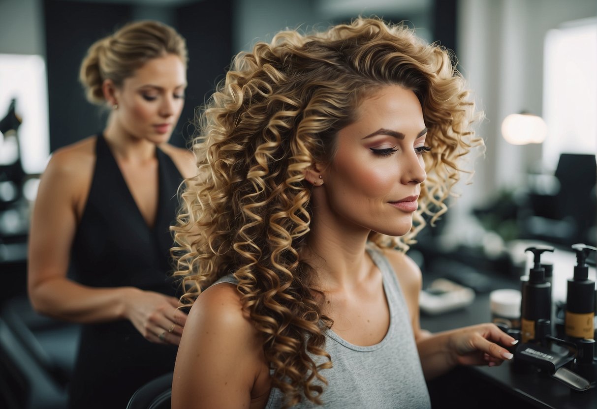 Curls being styled and maintained with hair products and tools