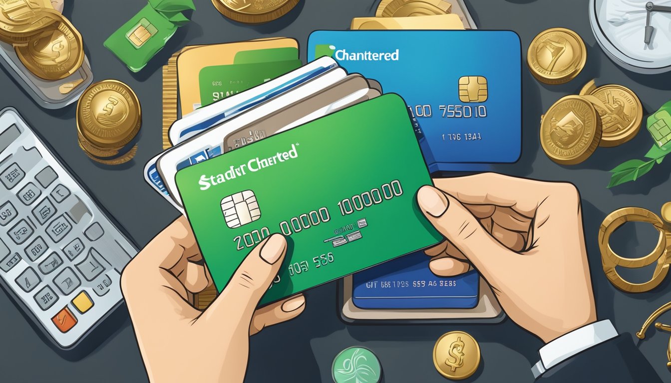 A hand holding a credit card with the Standard Chartered logo, surrounded by various luxury items and symbols of financial success