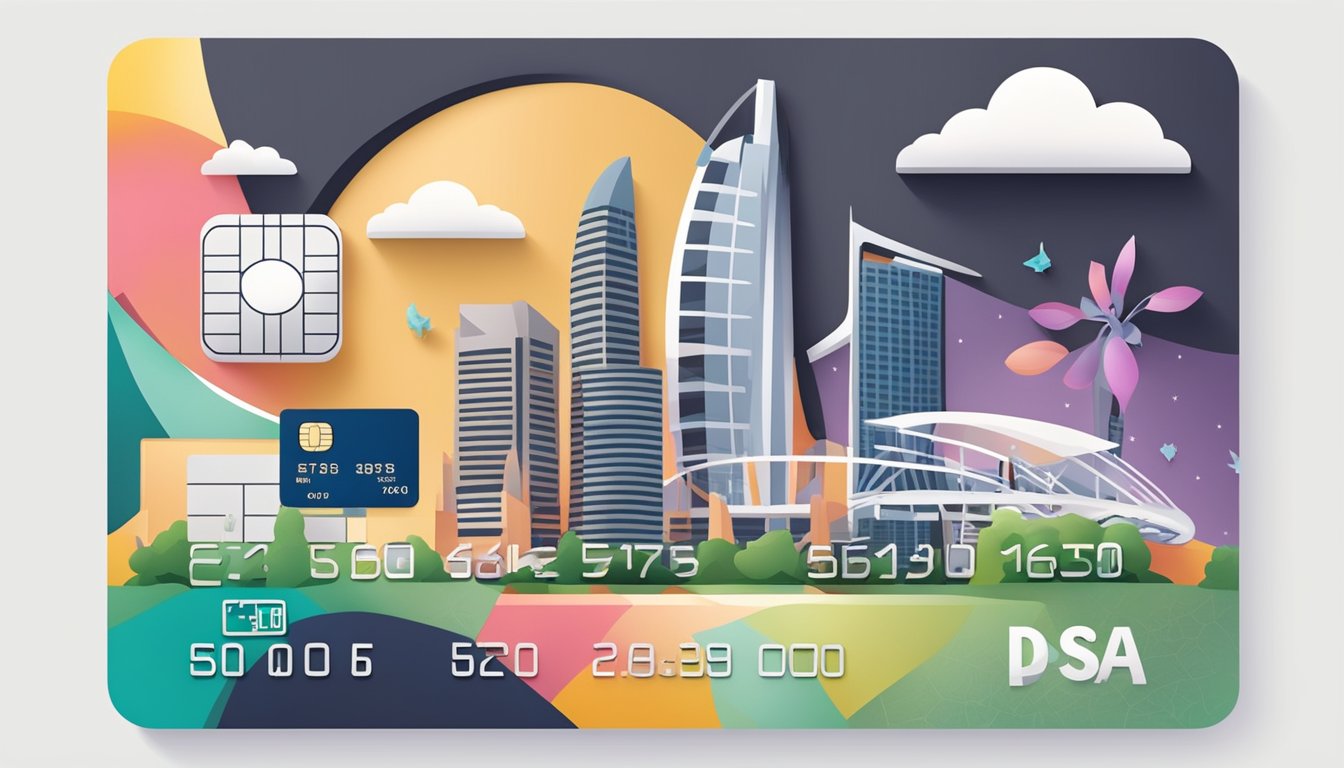 A sleek and modern credit card surrounded by iconic Singapore landmarks and symbols