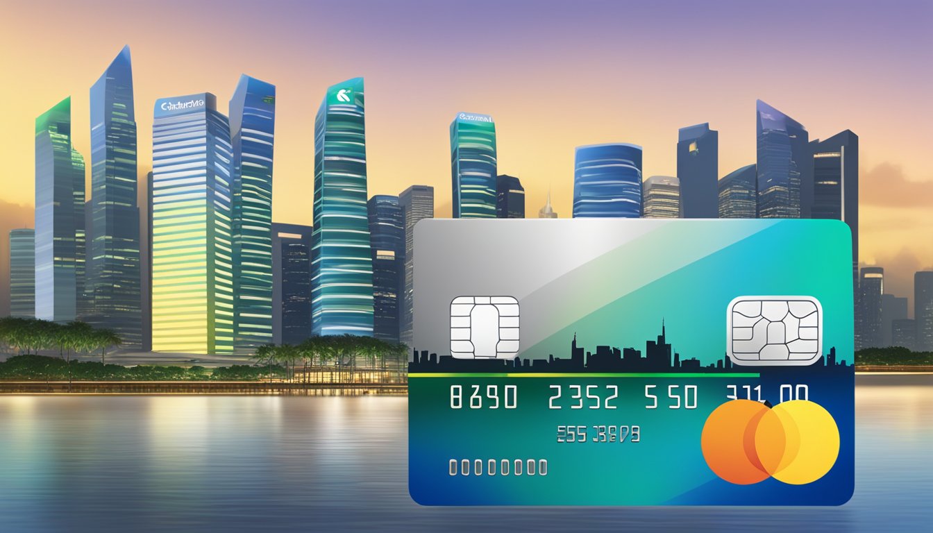 A sleek, metallic credit card with the Standard Chartered logo, against a backdrop of the Singapore skyline