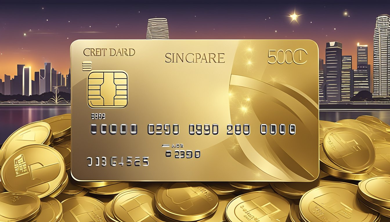 A luxurious credit card surrounded by golden coins and shining rewards, with a backdrop of the iconic Singapore skyline