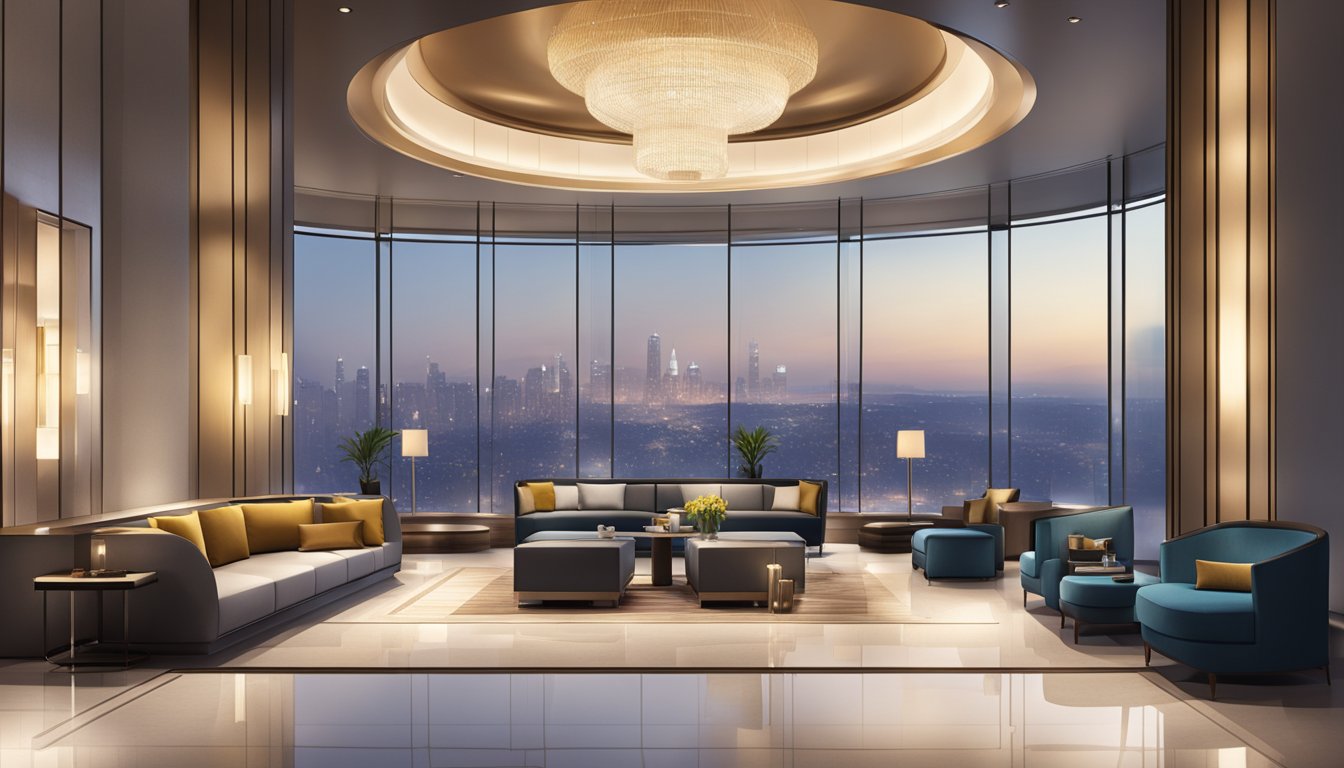 A luxurious hotel lobby with a sleek, modern design. A concierge desk and plush seating area. A backdrop of city skyline visible through floor-to-ceiling windows