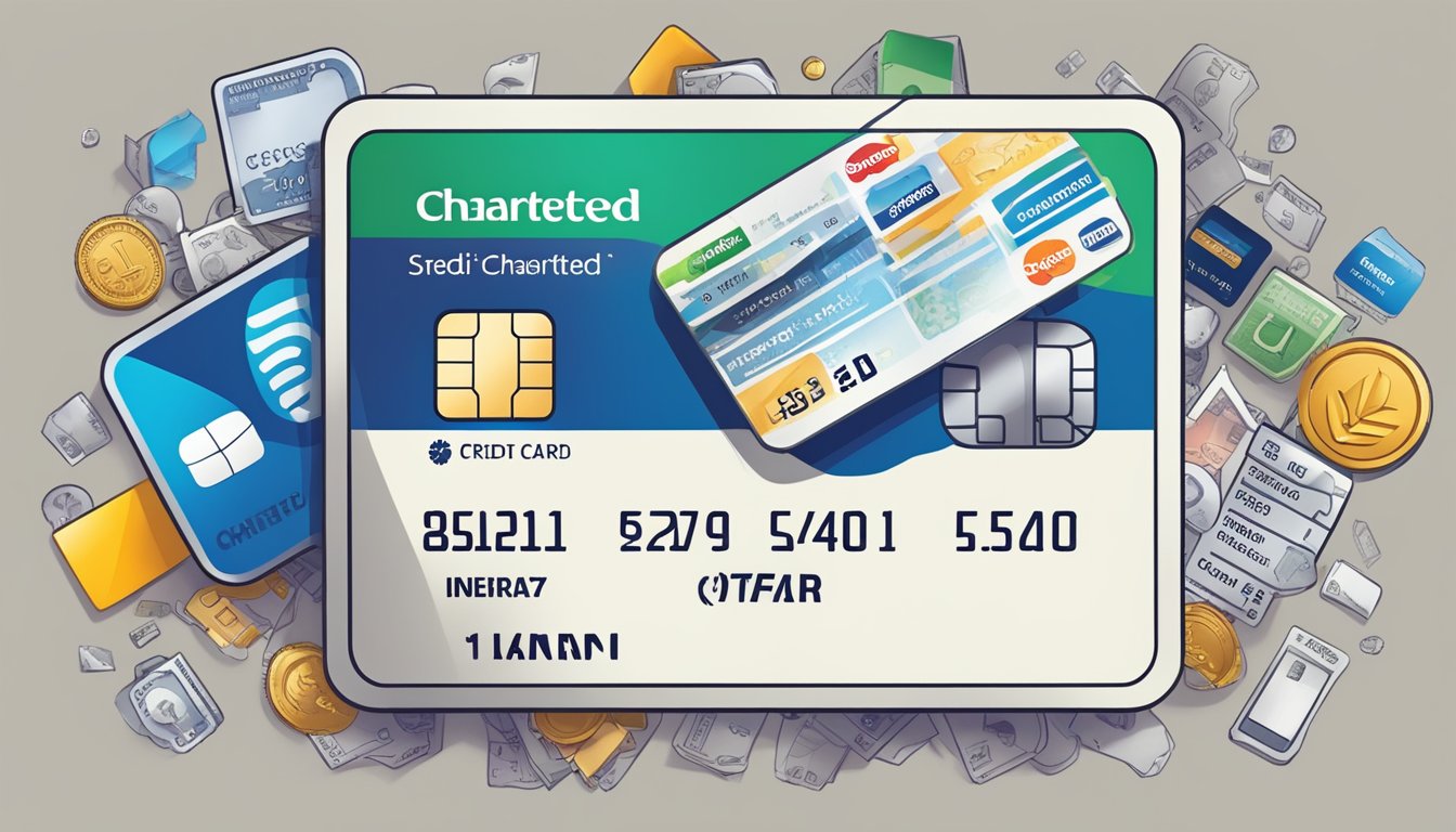A credit card surrounded by various fees and charges icons, with the Standard Chartered Infinite Card logo prominently displayed