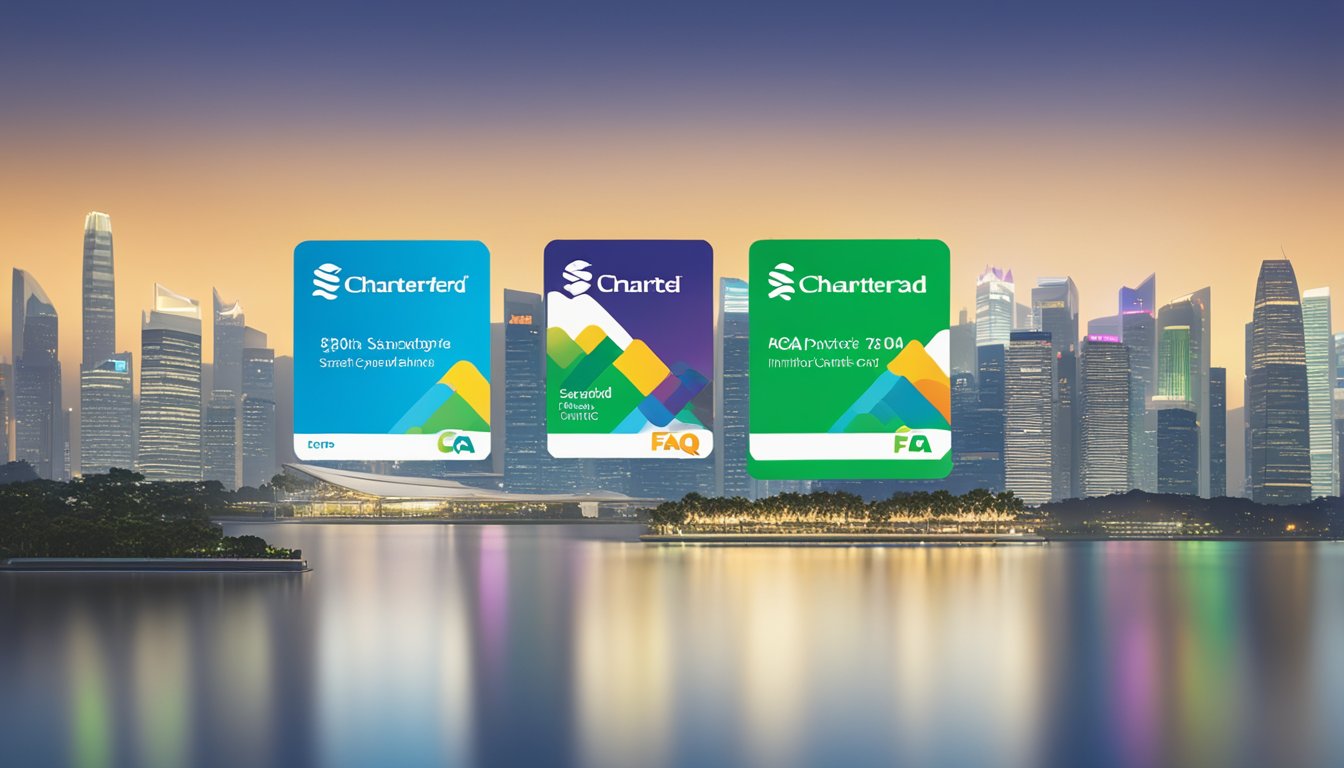 A stack of FAQ cards with the Standard Chartered Infinite Card logo, against a backdrop of the Singapore skyline