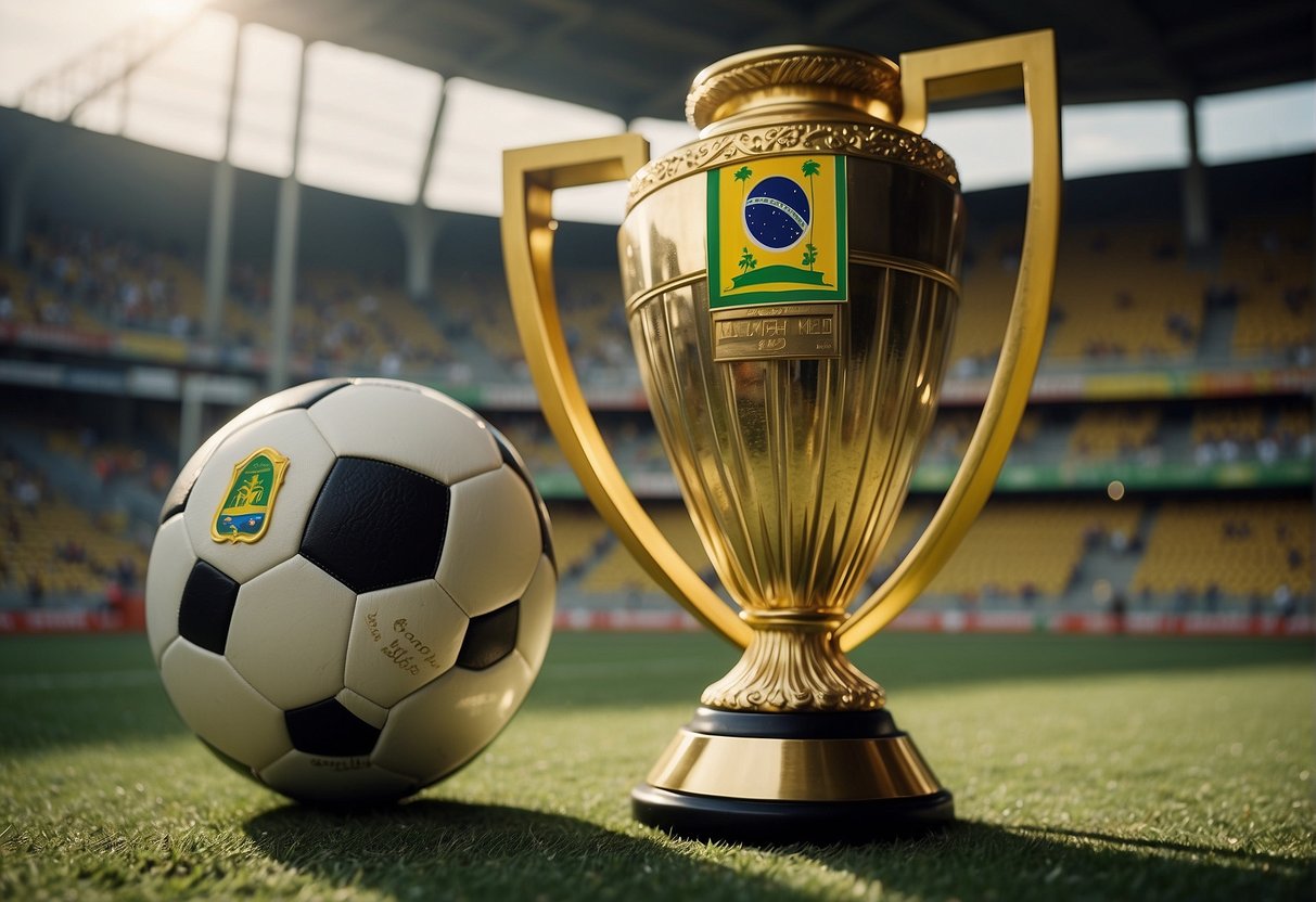 Pele's achievements: soccer ball, goal net, trophies, Brazil flag, stadium