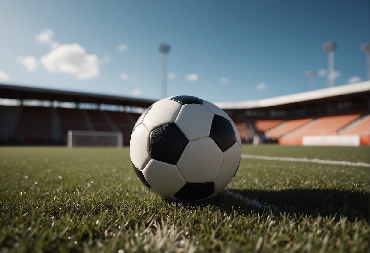 A soccer ball sits on a grassy field, surrounded by empty bleachers and a goalpost in the distance