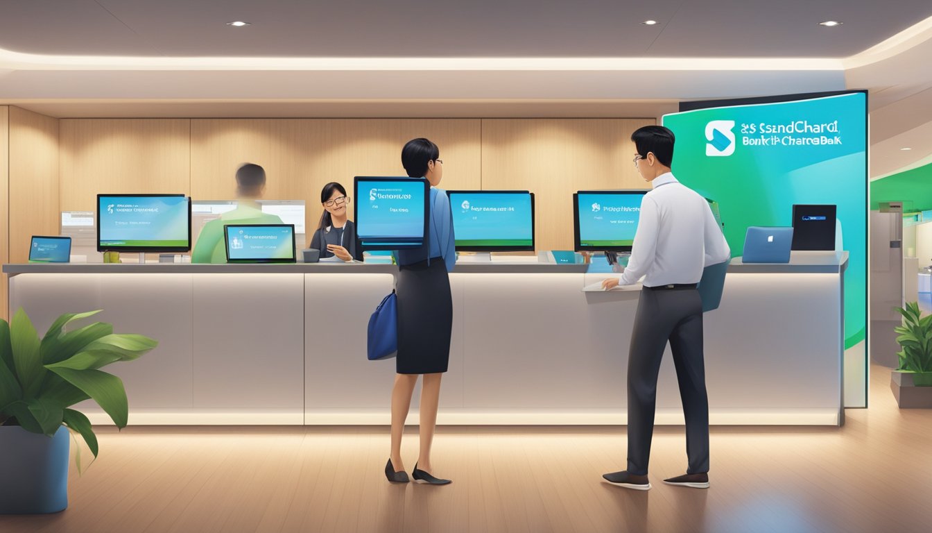 Standard Chartered bank in Singapore waives late fees for customers using alternative banking solutions. The scene shows a modern bank branch with a digital kiosk and a customer service representative assisting a client