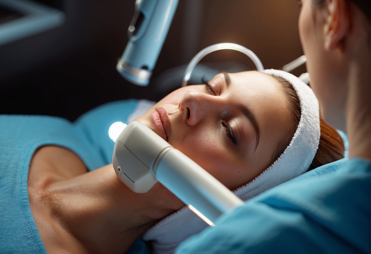 A laser hair removal session in progress, with a focused beam targeting hair follicles on the skin