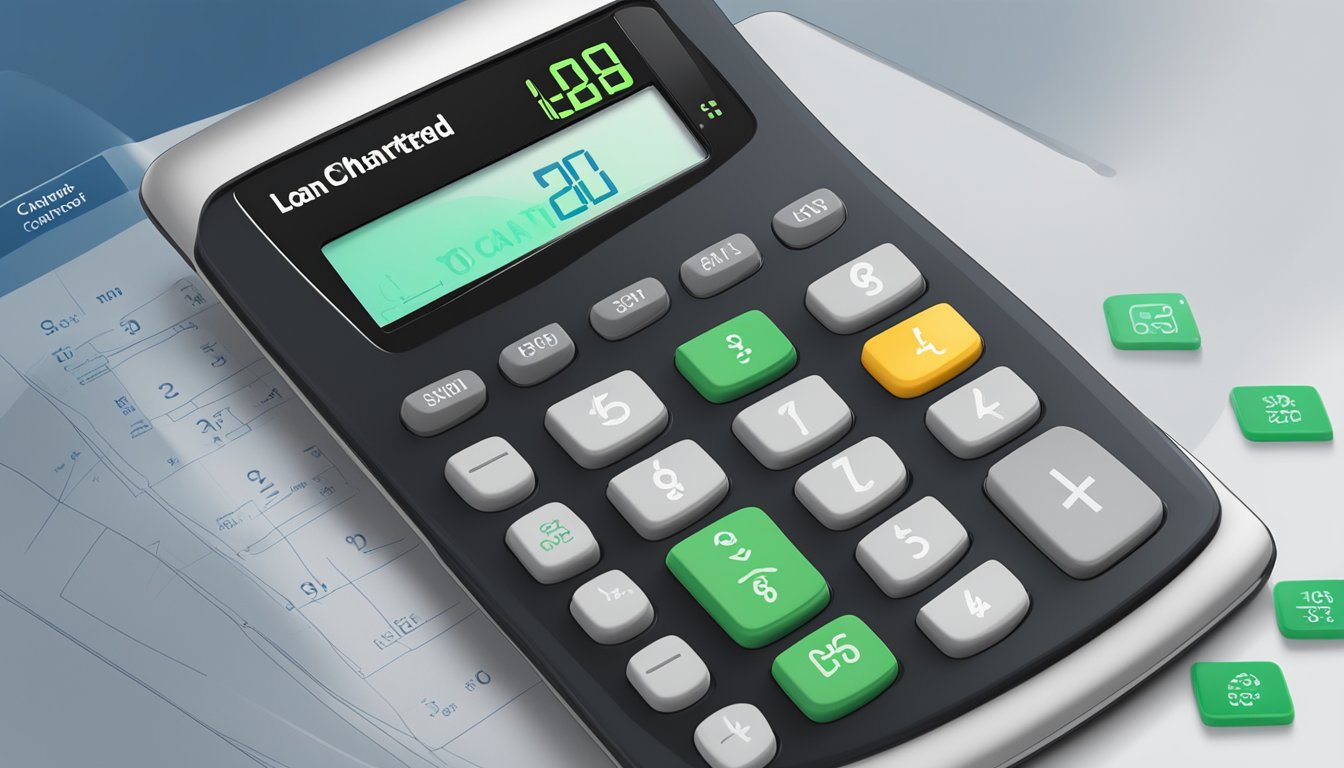A calculator displaying loan options, with the Standard Chartered logo in the background