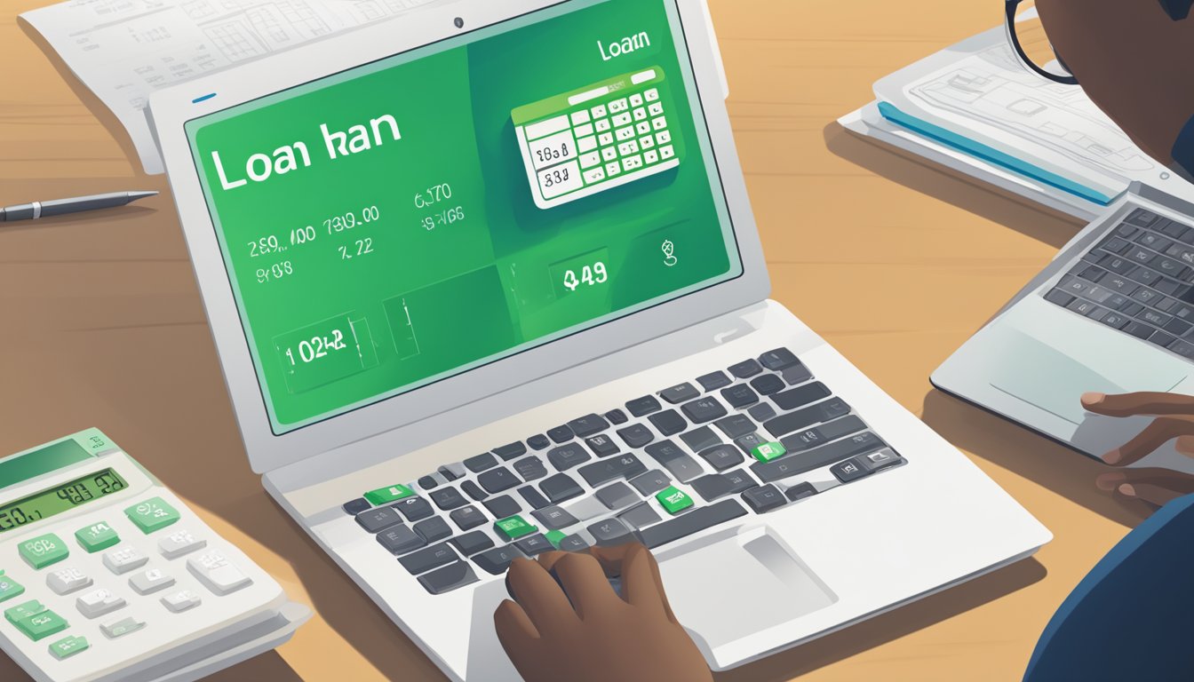 A hand reaches for a laptop, with a Loan Calculator open on the screen, showing the Standard Chartered logo. The calculator displays fields for inputting loan amount, interest rate, and loan tenure