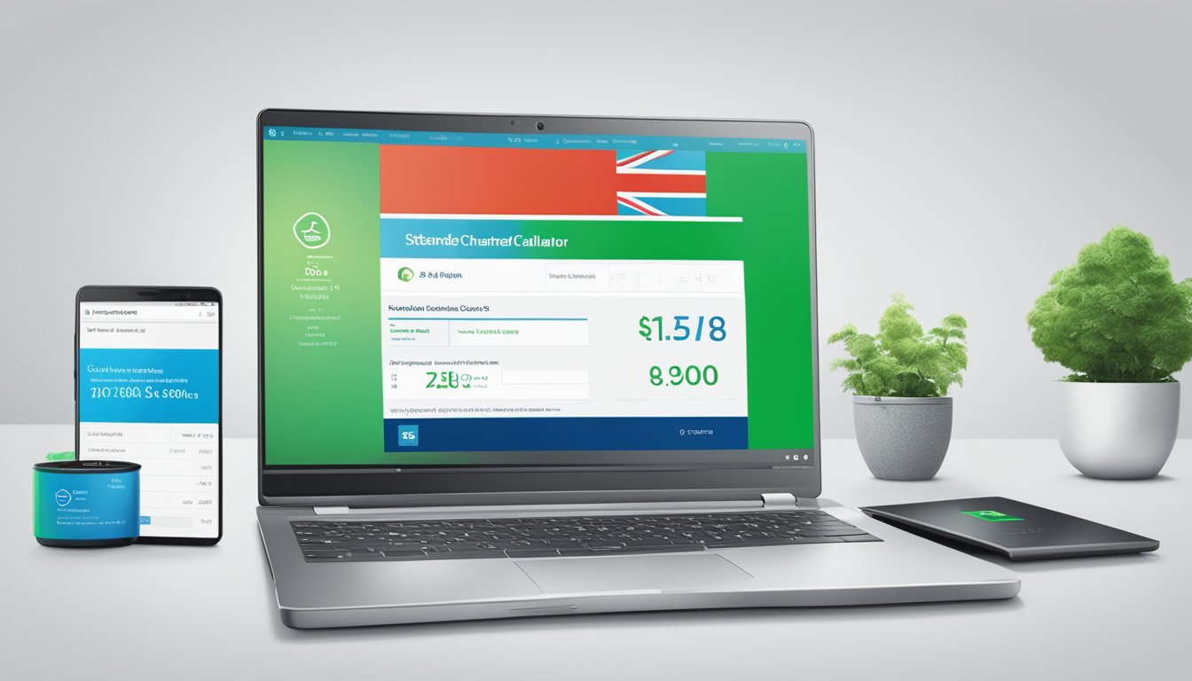 A laptop displaying the Standard Chartered loan calculator website, with a Singaporean flag in the background
