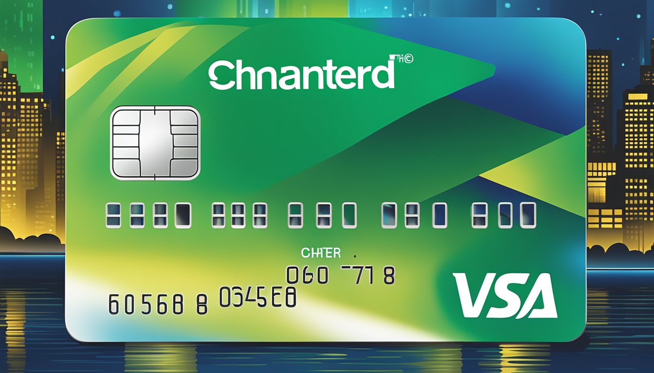 A sleek credit card with the Standard Chartered logo, set against the iconic skyline of Manhattan, with the city lights reflecting off the metallic surface