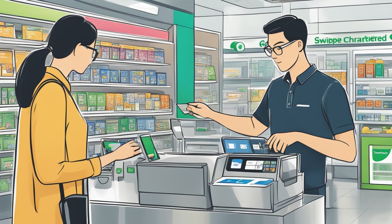 A customer swipes a Standard Chartered Manhattan credit card at a Singaporean store, while a cashier explains the cashback system