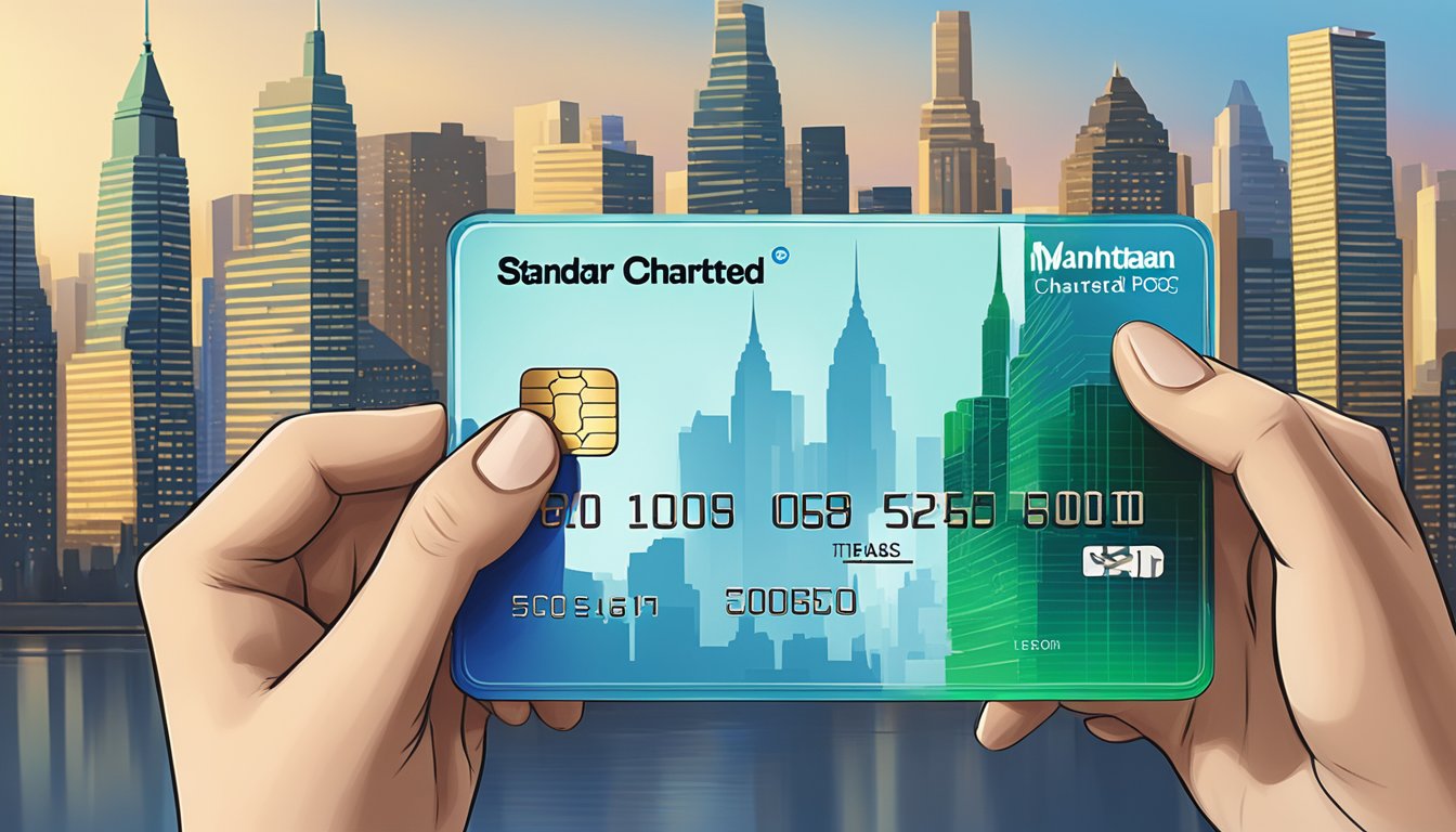 A hand holding a standard chartered Manhattan credit card, with the Manhattan skyline in the background