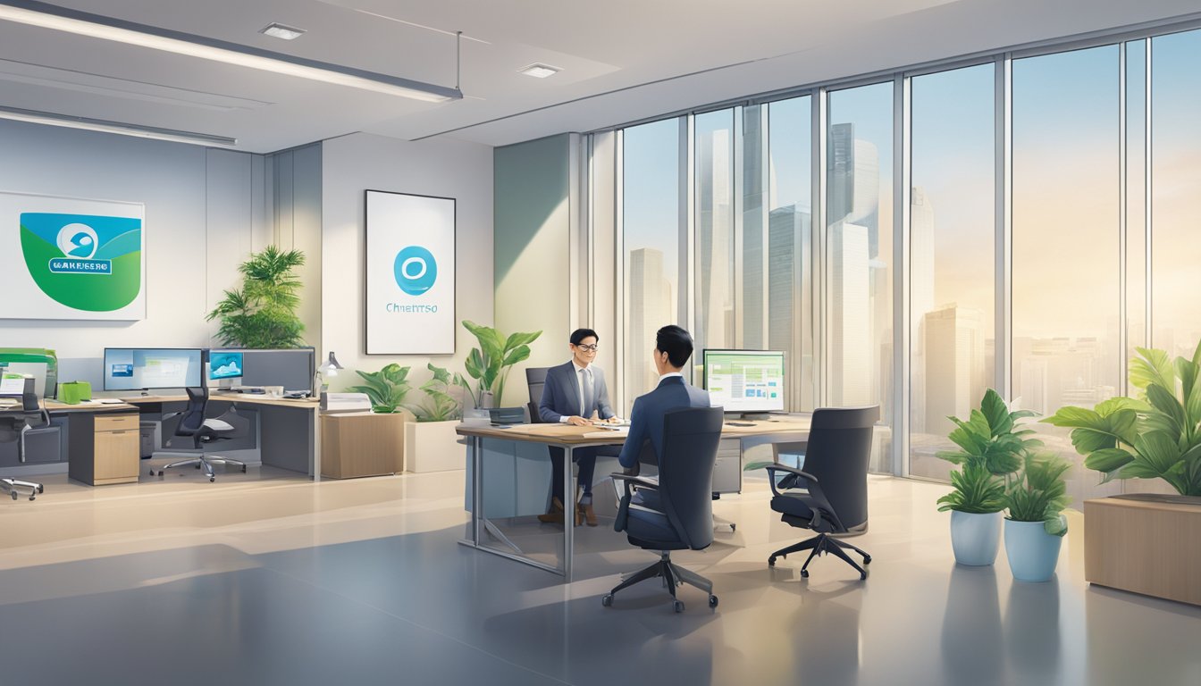 A modern office in Singapore with a Standard Chartered bank logo displayed prominently. A mortgage advisor sits at a desk, discussing loan options with a client