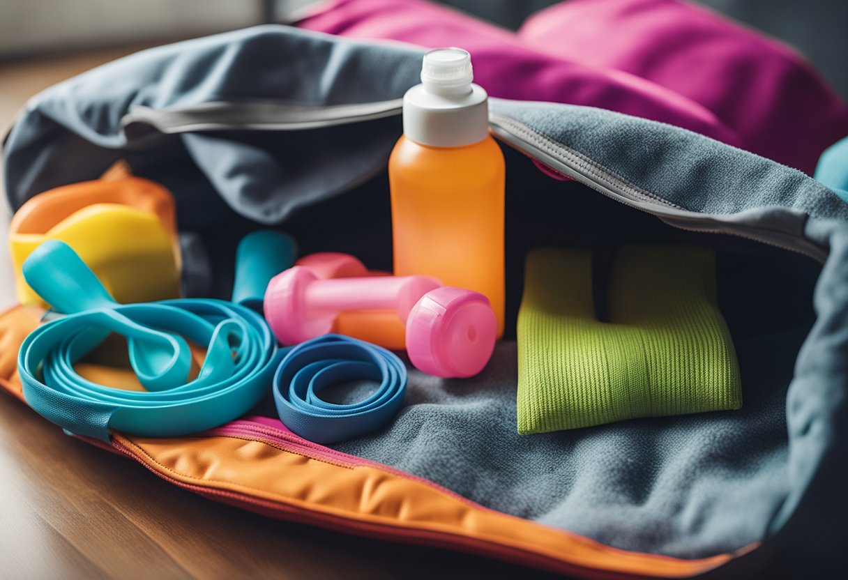 A gym bag sits open with a water bottle, towel, and resistance bands spilling out. A pair of colorful acrylic nails peek out from the bag, ready for a workout