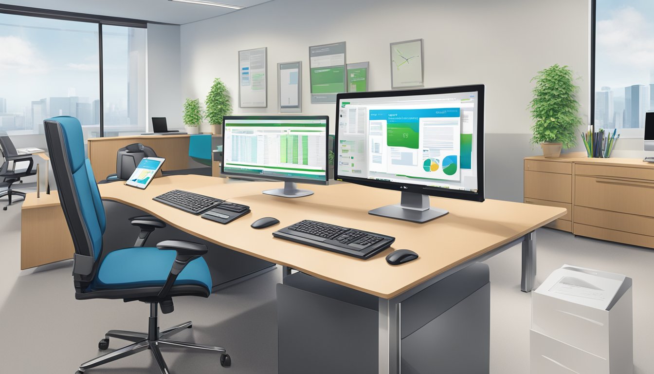 A modern office setting with a computer, paperwork, and a Standard Chartered logo prominently displayed