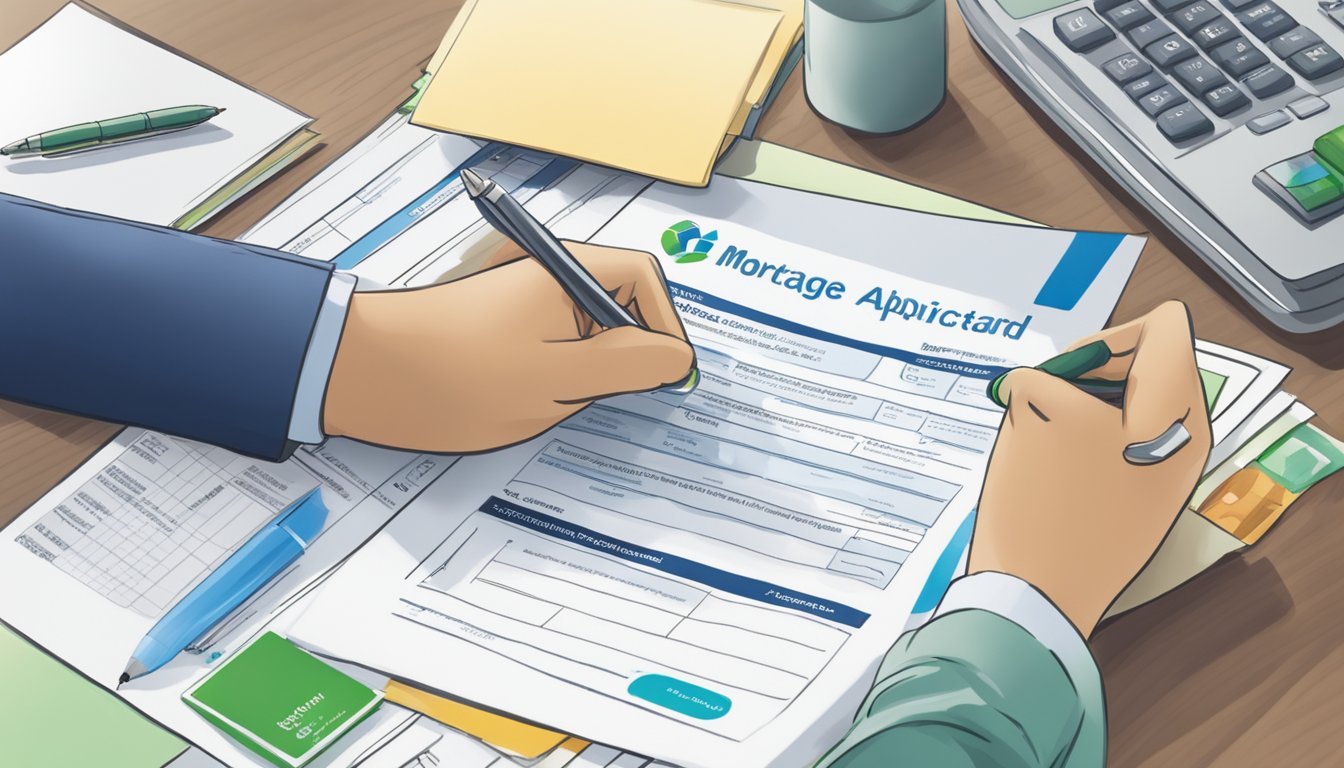 A person filling out a mortgage loan application form at a Standard Chartered bank branch in Singapore. The form includes eligibility criteria and required documentation