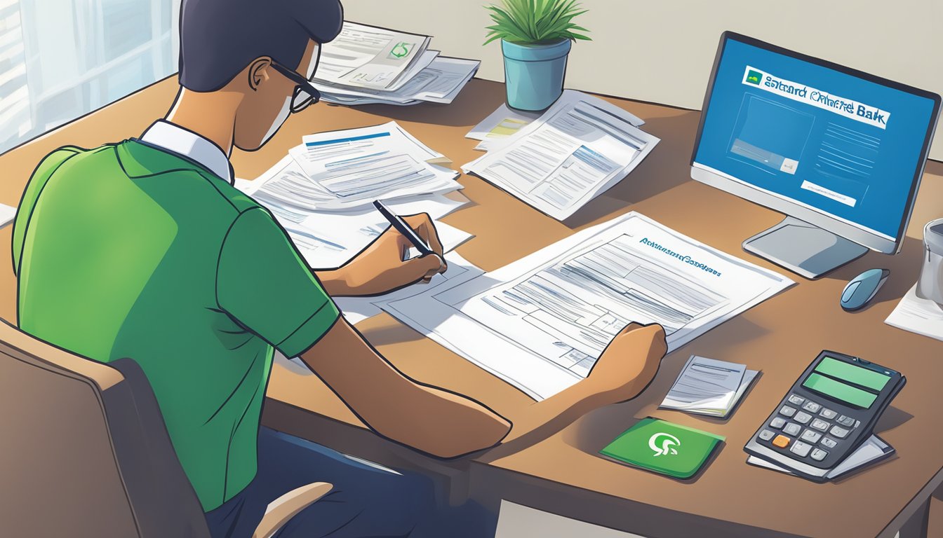 A person filling out mortgage application forms at a desk with a standard chartered bank logo in the background