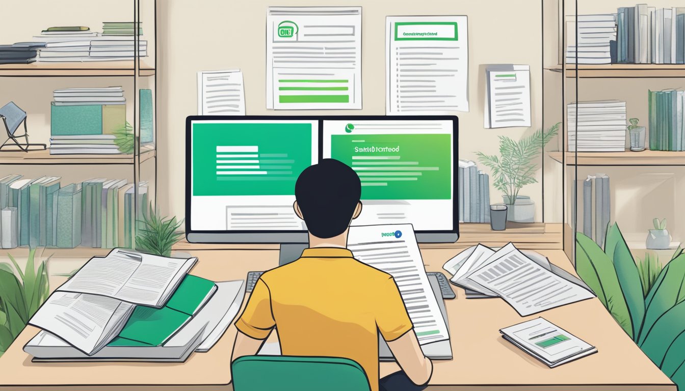 A person reading a Standard Chartered mortgage review in Singapore, surrounded by FAQ documents and a laptop