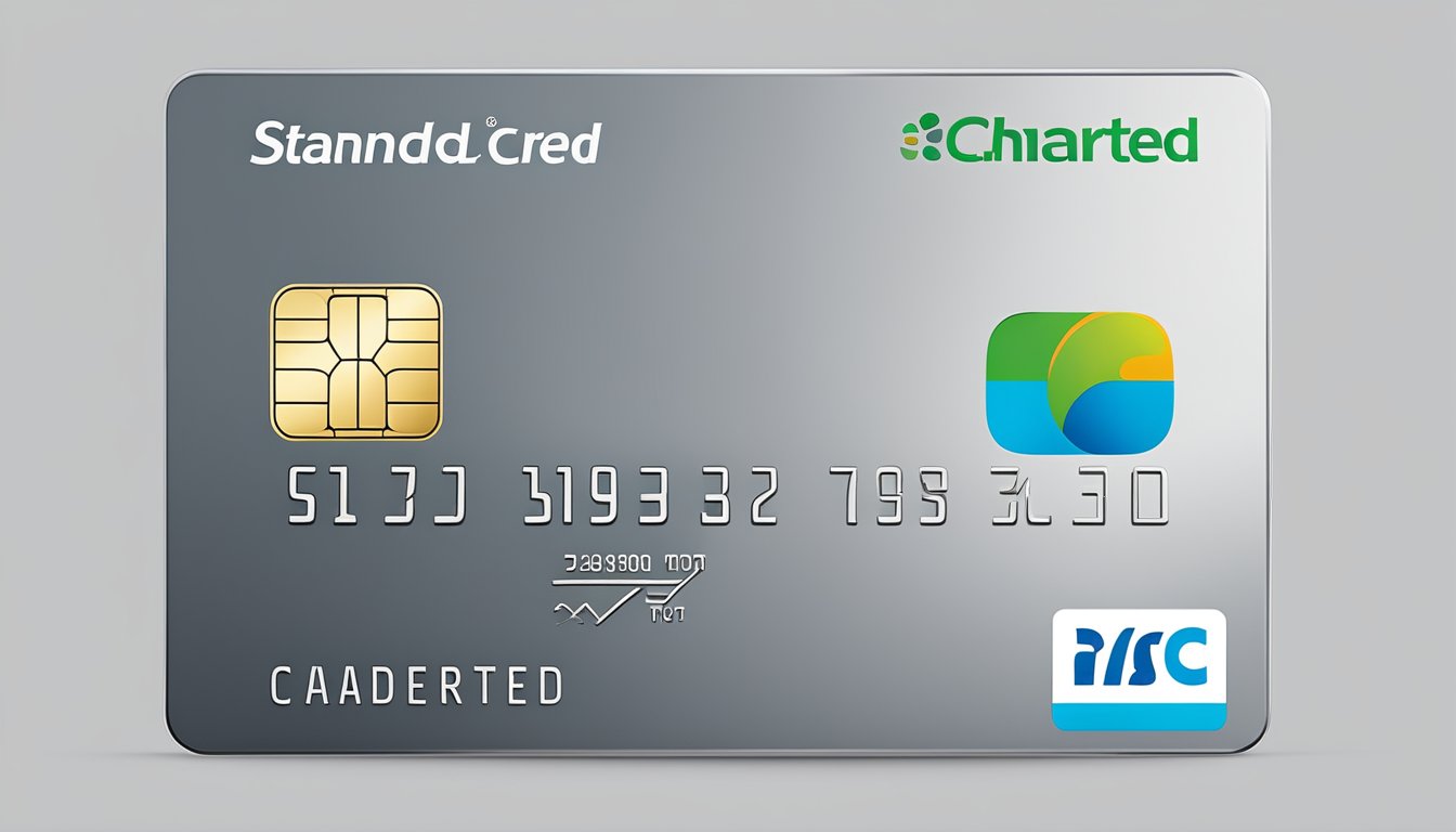 A sleek, modern credit card with the Standard Chartered logo, set against a clean, minimalist background