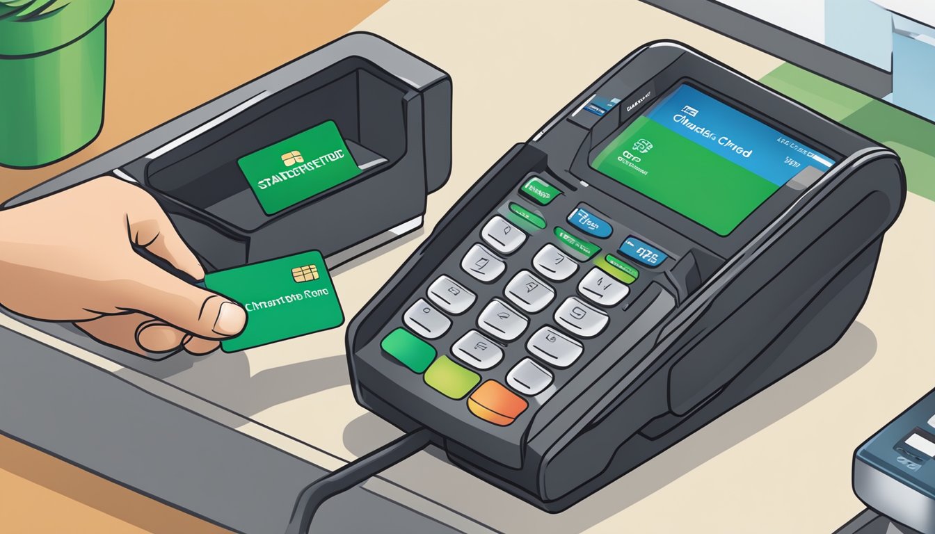 A hand swipes a standard chartered one card at a payment terminal, with a display showing the transaction being processed