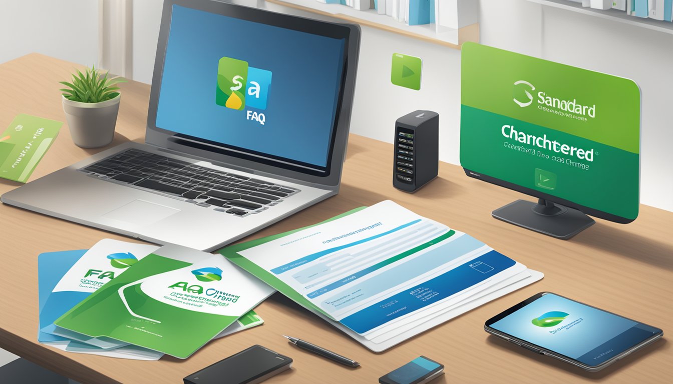 A stack of FAQ documents with Standard Chartered One Card logo, surrounded by a computer and phone, on a desk