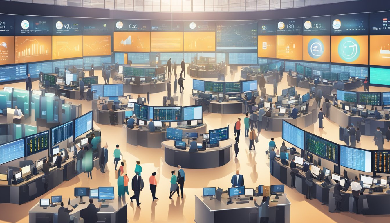 A bustling stock exchange floor with traders and digital screens, showcasing the dynamic nature of market access and online trading