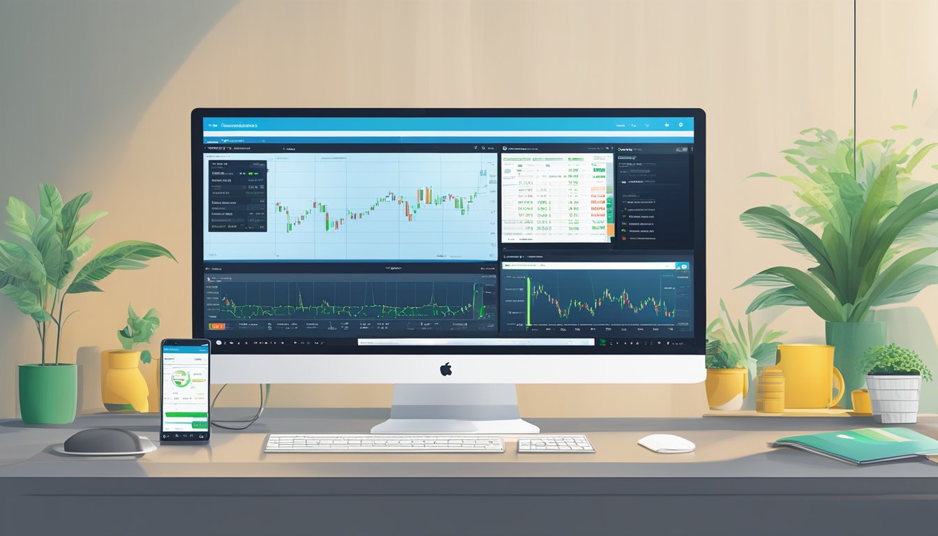A computer screen displaying the Standard Chartered online trading platform, with charts and graphs showing stock market activity