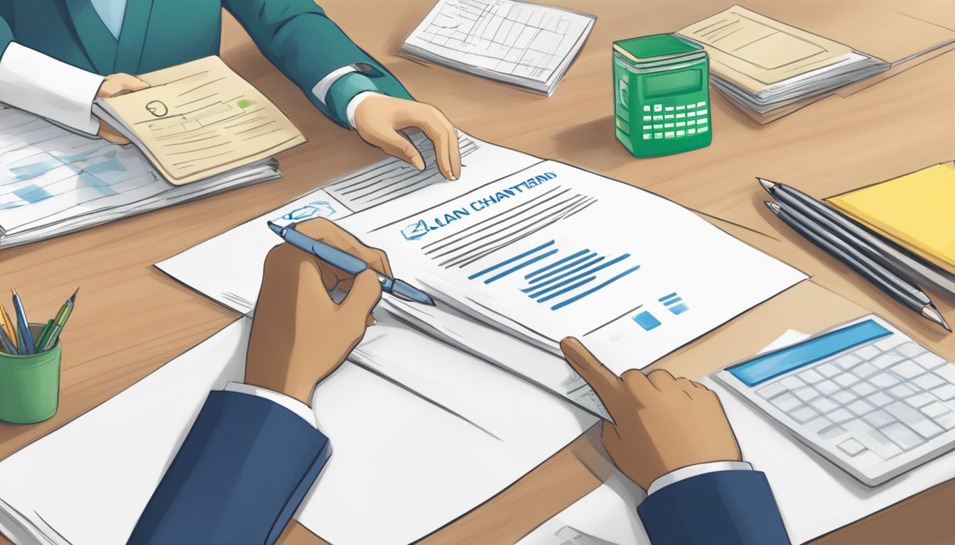 A person signing a loan agreement with Standard Chartered Bank in Singapore. The bank logo and a document with loan terms are visible