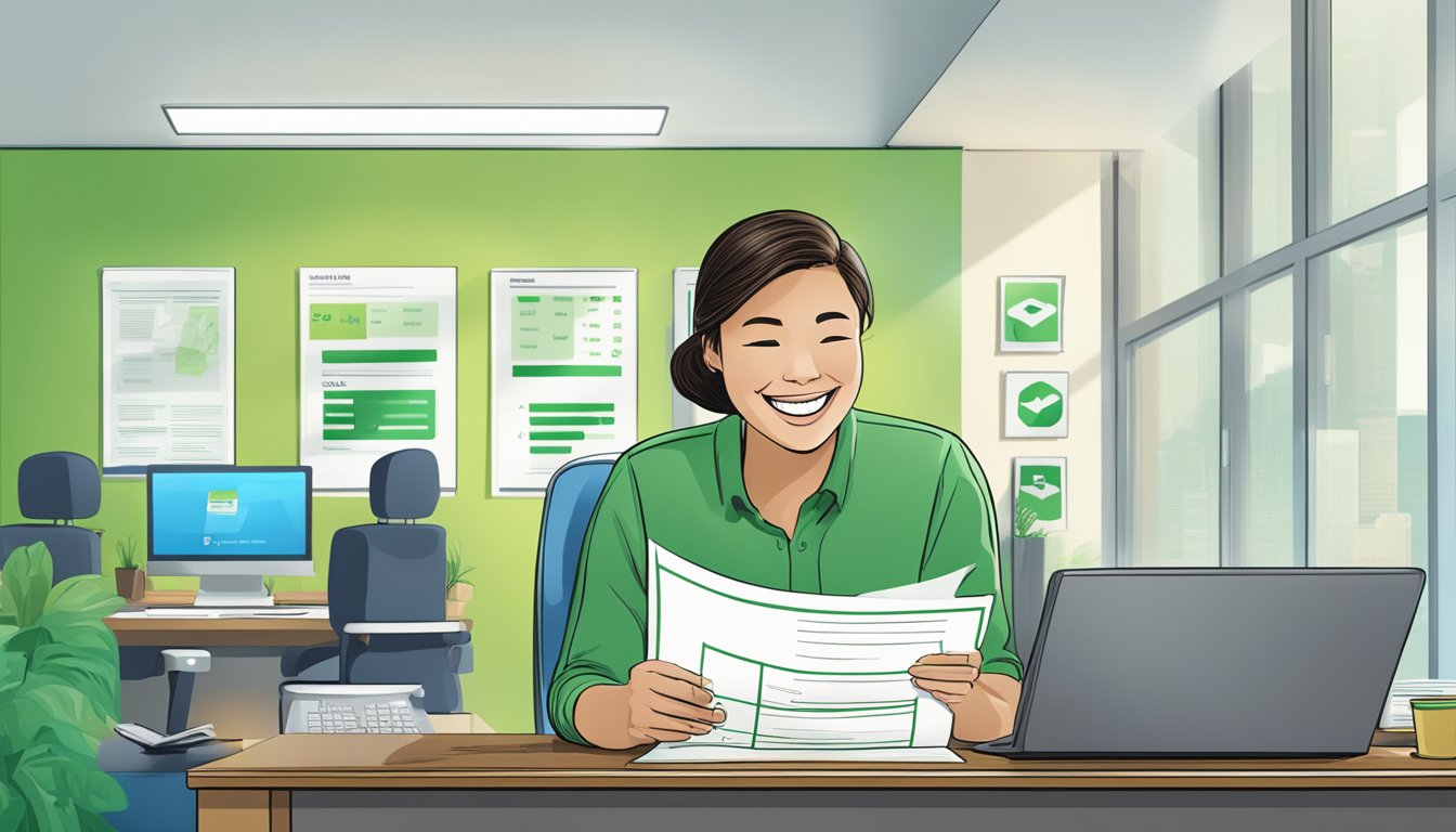 A smiling customer reviewing a document with "Loan Features and Benefits" on a desk, while a Standard Chartered logo is prominently displayed in the background