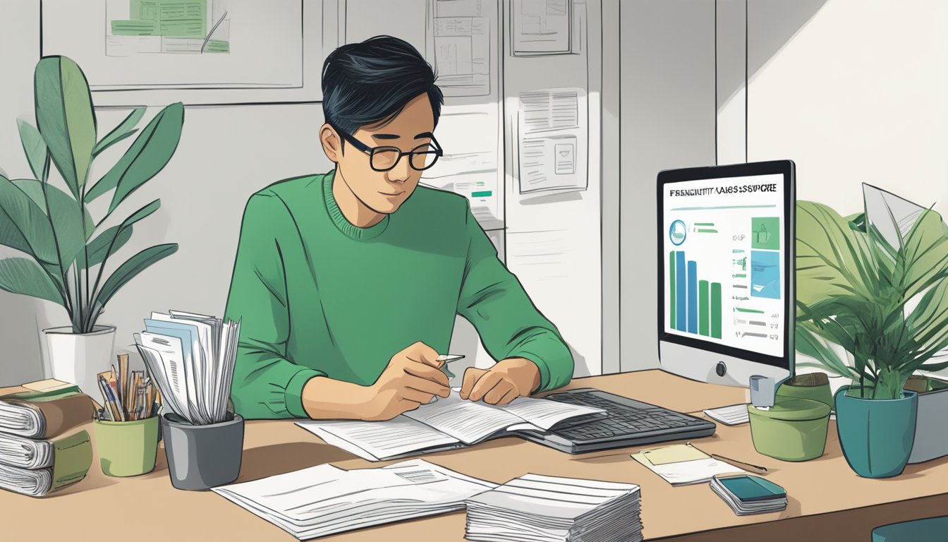 A person sitting at a desk, reading a pamphlet titled "Frequently Asked Questions: Standard Chartered Personal Loan Singapore." The desk is cluttered with papers and a laptop