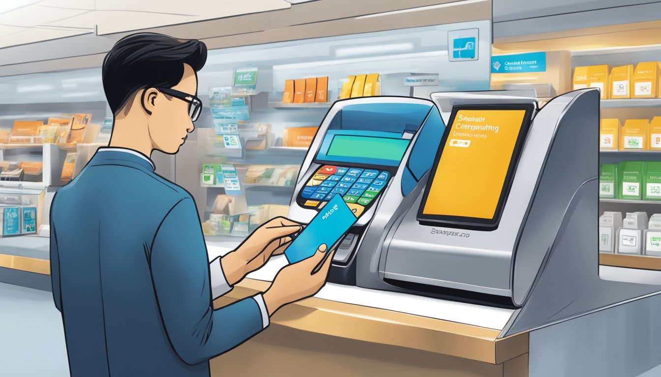 A person swiping a Standard Chartered credit card at a Singaporean merchant, with a display showing "Maximising Your Points" and "Points Redemption."