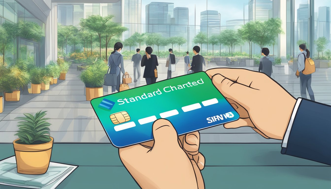 A person swiping a Standard Chartered credit card to redeem points for travel and lifestyle rewards in Singapore