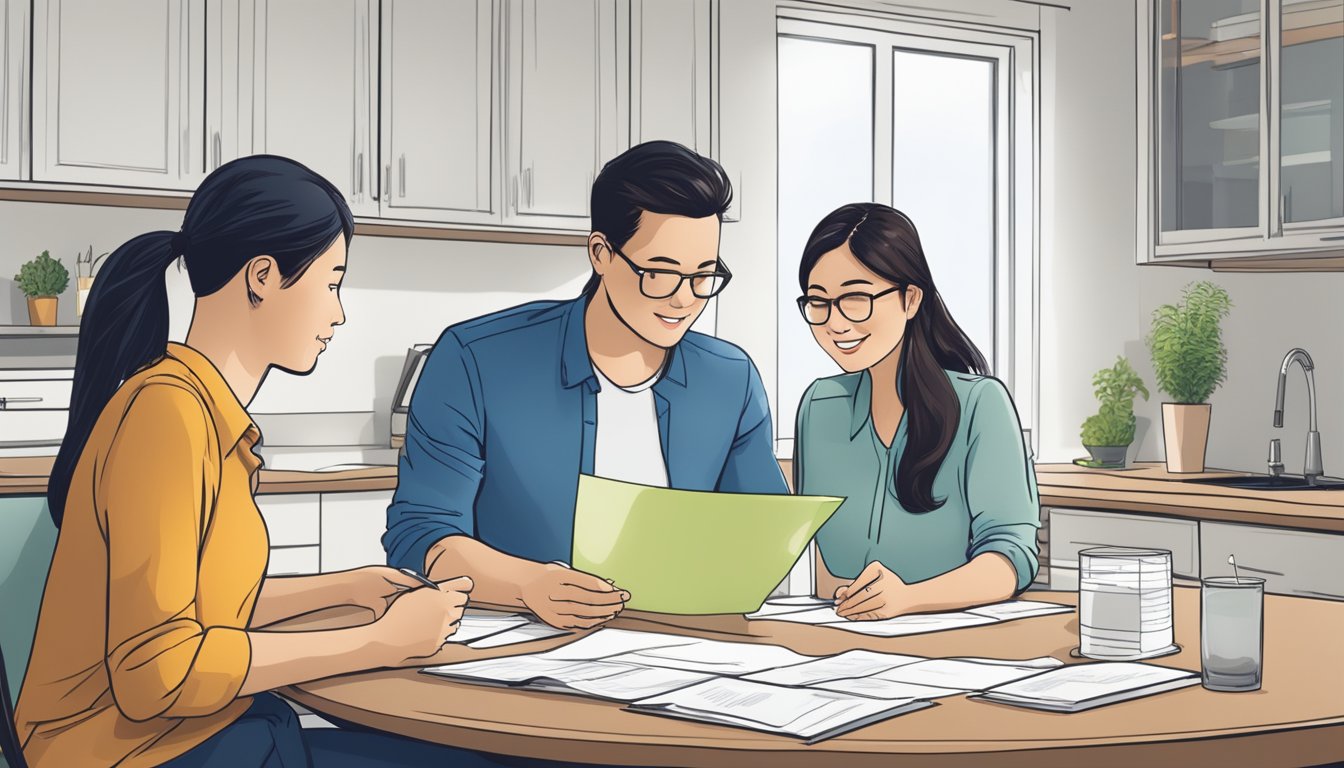 A couple sits at a table, reviewing paperwork for their home renovation. A bank representative explains the details of a Standard Chartered renovation loan in Singapore