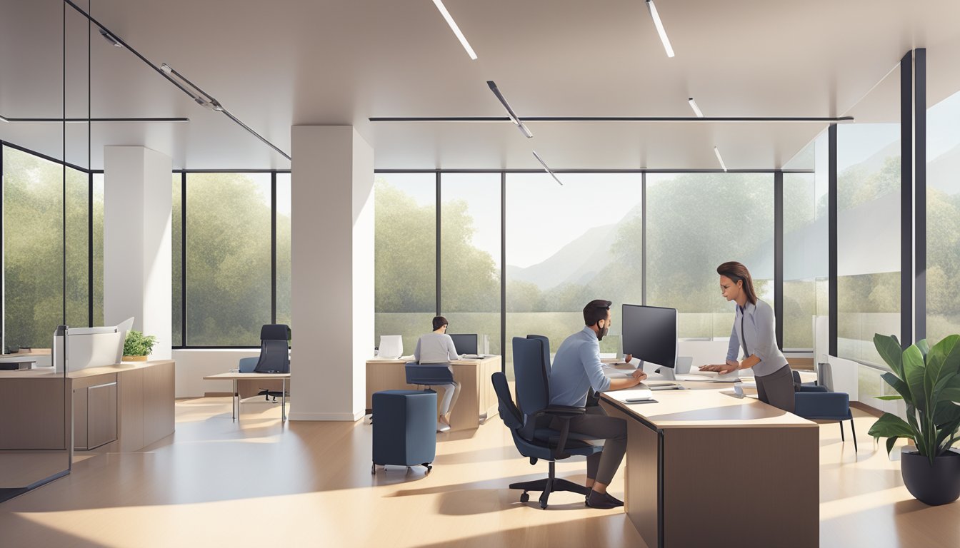 A modern, sleek office space with a bank representative assisting a customer with paperwork for a renovation loan. The room is filled with natural light and features clean, minimalist decor