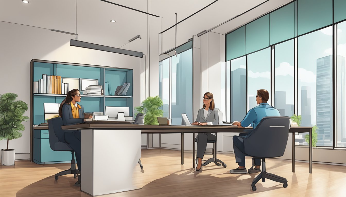 A homeowner discusses loan features with a bank representative in a modern office setting