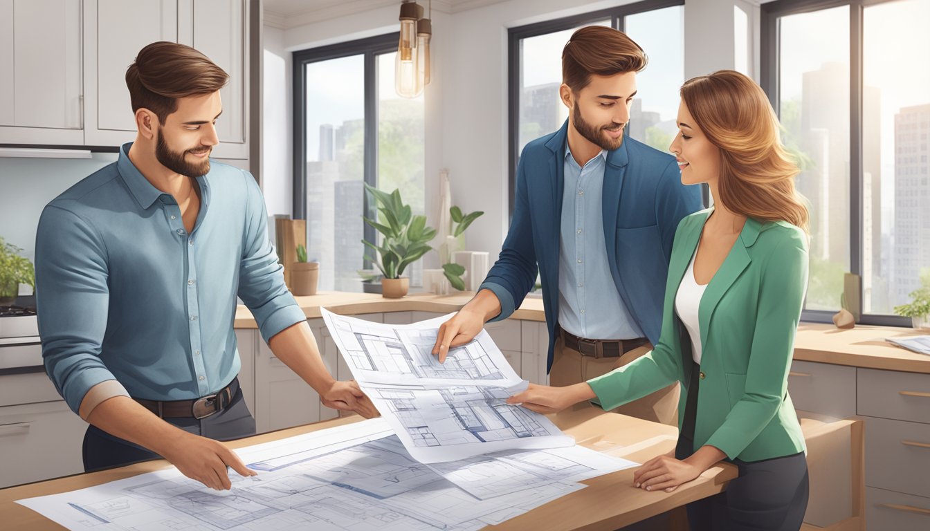 A couple discusses renovation plans while reviewing a loan offer from Standard Chartered, surrounded by blueprints and design samples