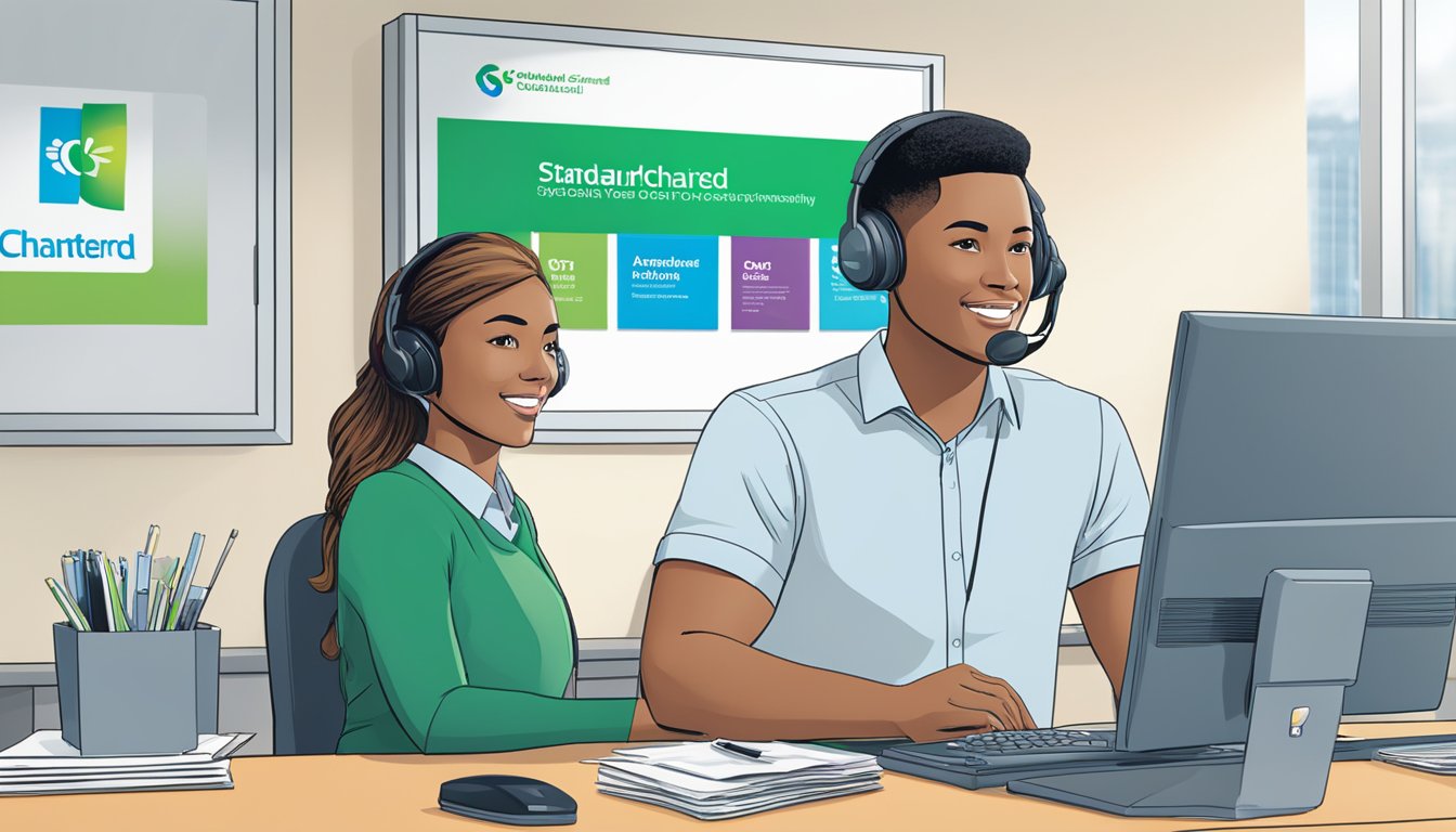 A customer service representative sits at a desk, surrounded by informational brochures and a computer screen displaying the Standard Chartered logo. The room is bright and modern, with clean lines and a professional atmosphere